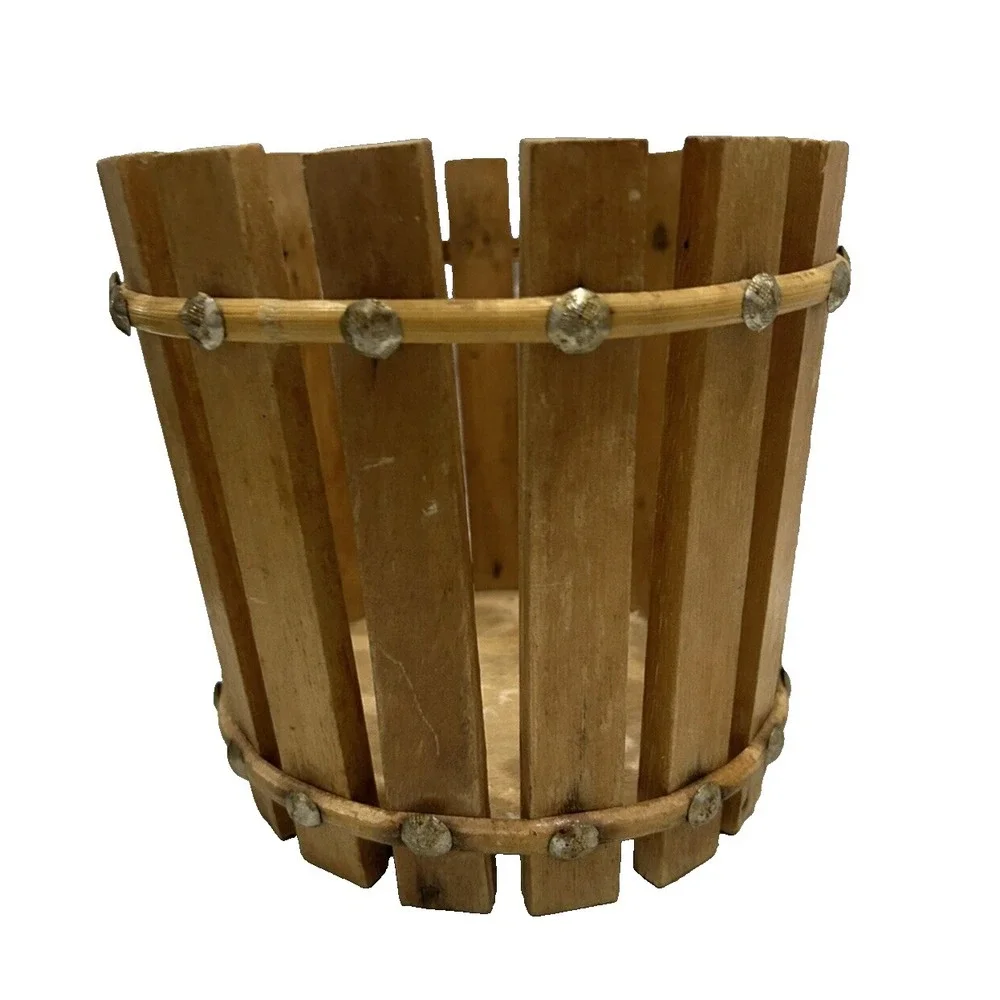 Vintage Antique Wood Slatted Basket Small  Old Garden Kitchen Baskets Shabby MCM